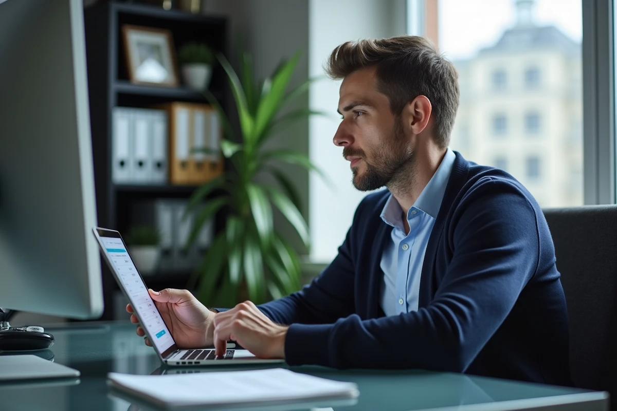 Homme au bureau payant une facture sur sa tablette