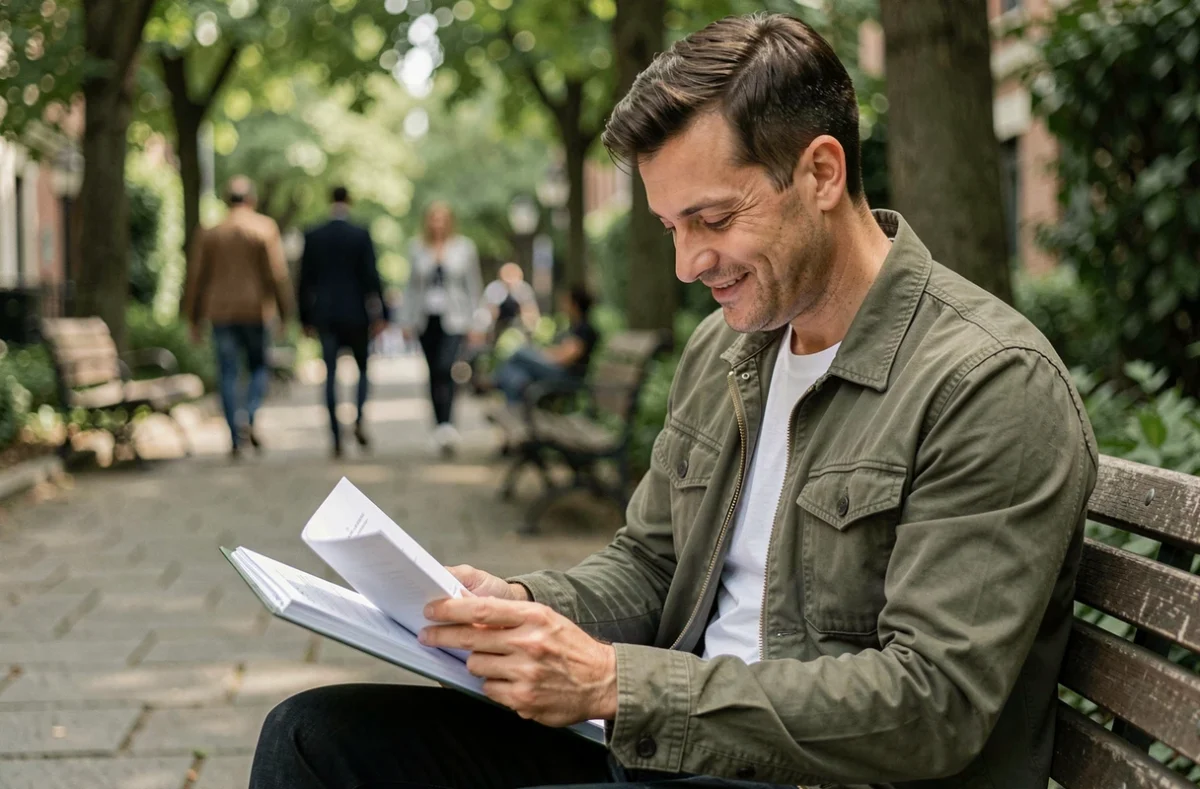 Homme assis dans un parc urbain consultant des documents de manière discrète, évoquant la gestion de sa vie privée et familiale