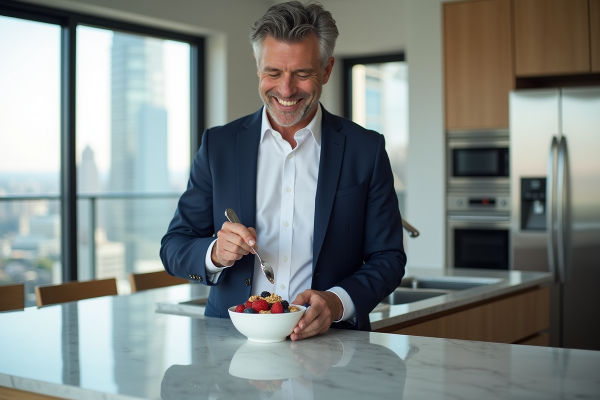 Homme en costume prépare un bol de petit déjeuner sain