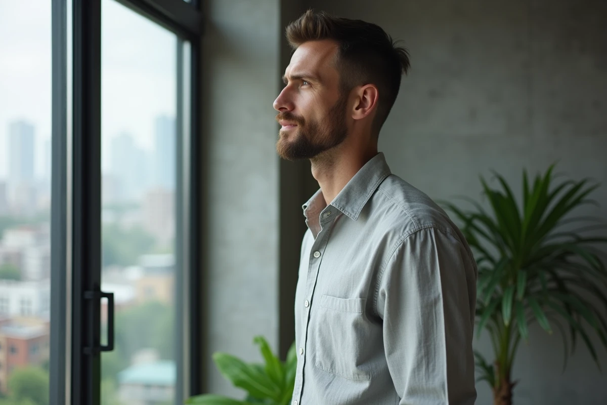 Homme contemplatif près d'une fenêtre urbaine en chemise grise, atmosphère d'entretien personnel et de confidence