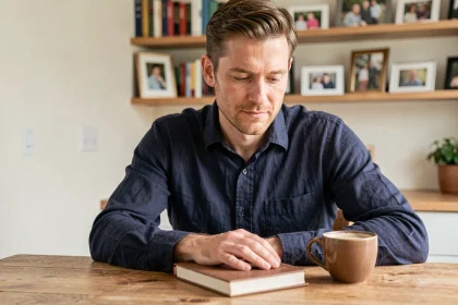 Homme assis à une table en bois tenant un journal intime fermé, symbolisant la protection de sa vie privée et familiale