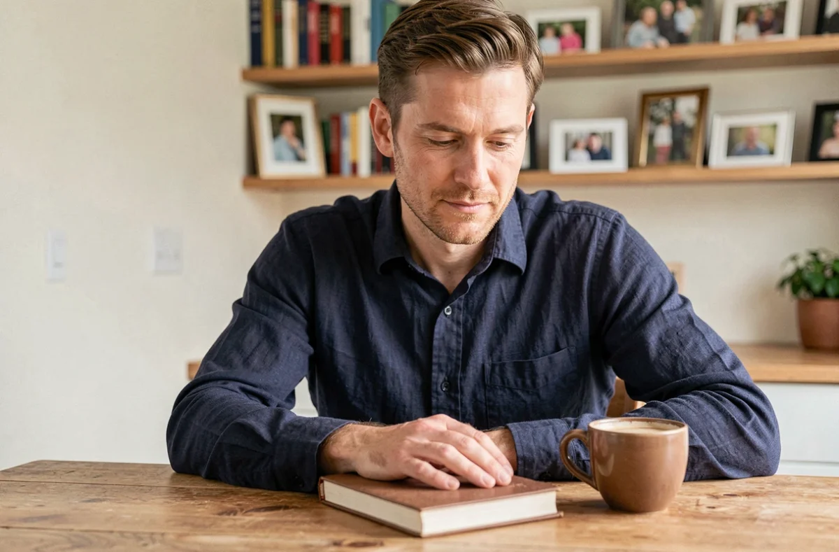 Homme assis à une table en bois tenant un journal intime fermé, symbolisant la protection de sa vie privée et familiale