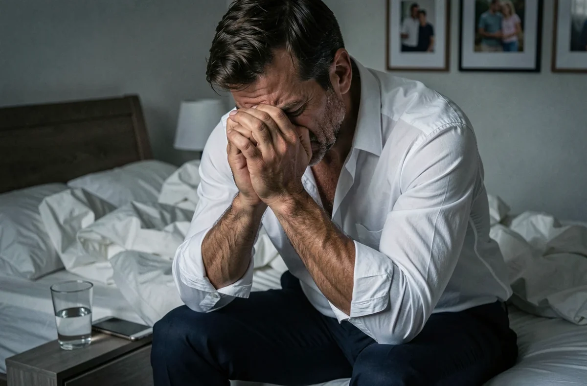 Homme assis au bord d'un lit la tête dans les mains, exprimant le remords et l'épuisement émotionnel lié à l'alcoolisme et ses conséquences sur le couple