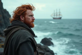 Homme au profil regardant la mer agitée sur la côte rocheuse