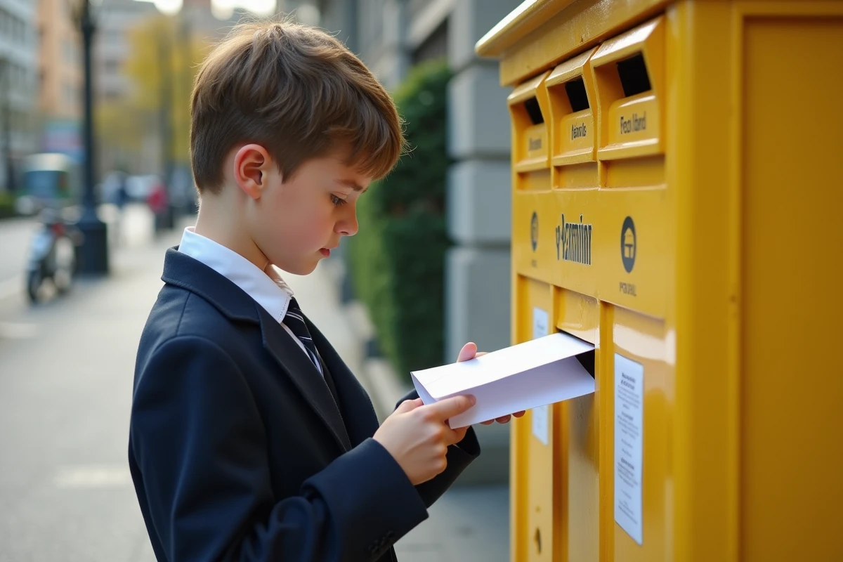 Jeune garçon déposant un courrier dans une boîte aux lettres