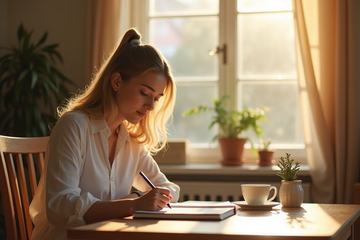 Jeune femme écrivant dans un journal dans une pièce lumineuse