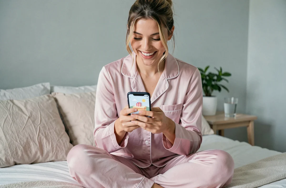 Jeune femme souriante envoyant une carte d'anniversaire animée gratuite depuis son smartphone dans sa chambre