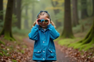 Jeune fille curieuse avec jumelles dans la forêt