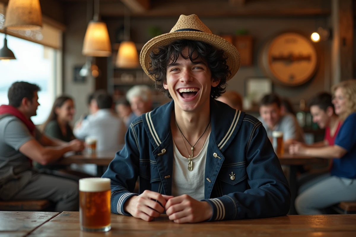 Jeune homme riant dans une taverne portuaire animée