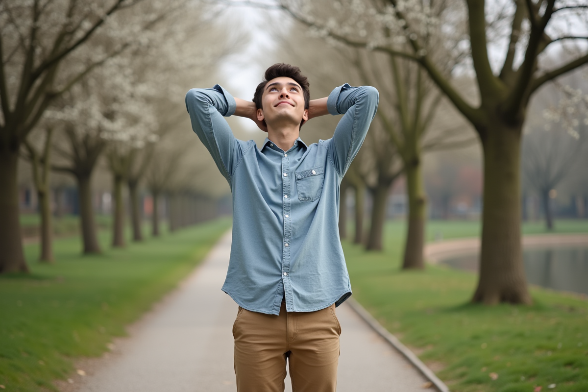 Jeune homme dans un parc au printemps souriant