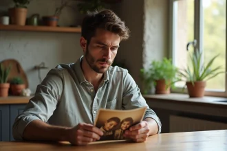 Jeune homme méditatif tenant une photo de famille dans un appartement chaleureux
