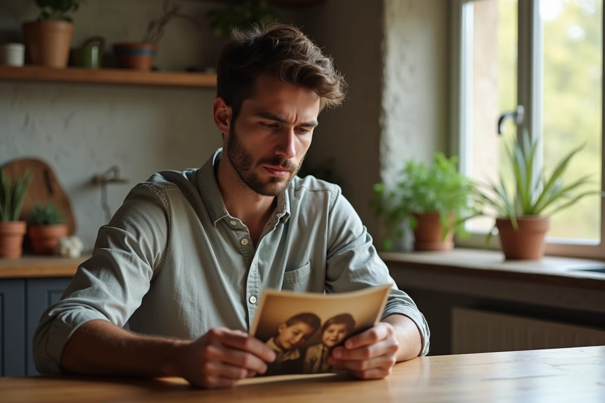 Jeune homme méditatif tenant une photo de famille dans un appartement chaleureux