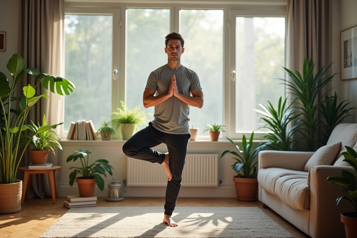 Jeune homme pratiquant le yoga dans un salon cosy