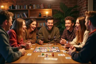 Groupe d'adultes hilares autour d'une table en bois jouant à des jeux de société lors d'un anniversaire entre amis