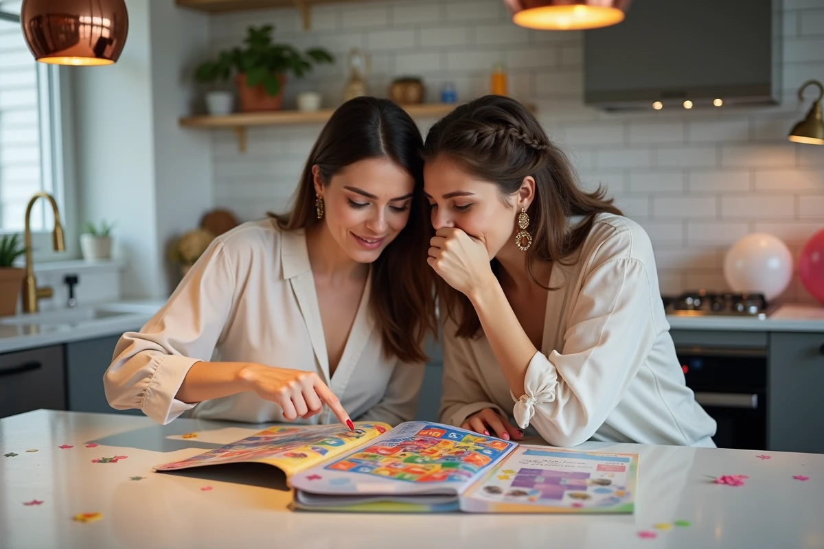 Deux femmes riant en découvrant les règles d'un jeu rigolo pour anniversaire adulte dans une cuisine moderne