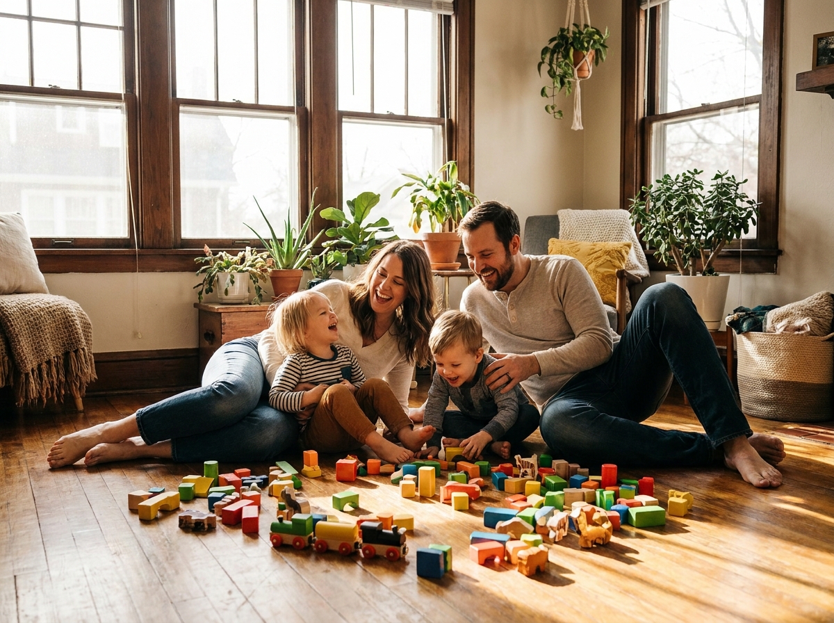 enfants jouant avec jouets bois