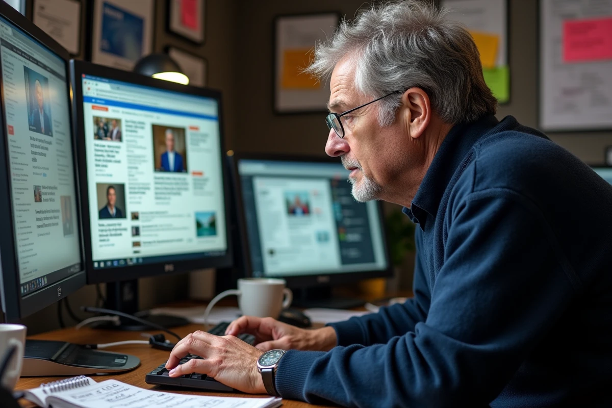 Journaliste vérifiant des sources en ligne sur plusieurs onglets de navigateur pour lutter contre la désinformation et les fausses informations