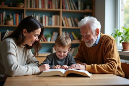 Trois personnes lisant dans un salon chaleureux