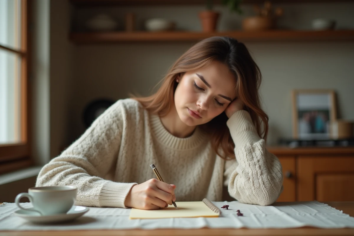Une femme écrivant une lettre de condoléances manuscrite à une amie d'enfance, attablée dans une cuisine chaleureuse avec une tasse de thé