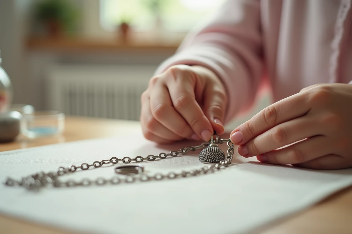 Main d’un enfant et d’un adulte fixant une bola de grossesse sur un collier