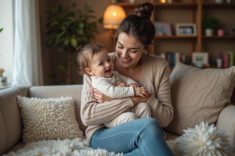 Femme avec bébé souriant dans un salon chaleureux
