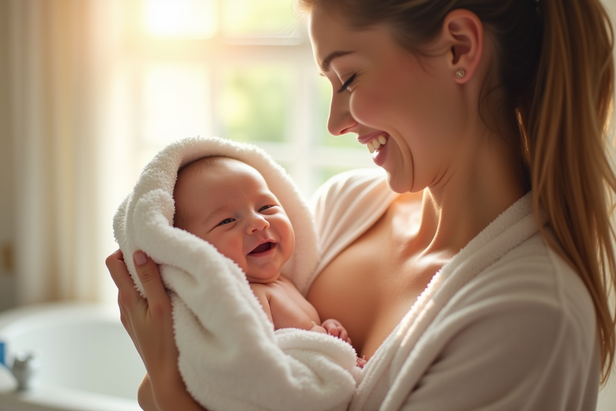 Jeune maman tenant son bébé souriant dans une serviette blanche