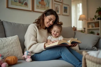 Femme avec enfant dans un salon familial chaleureux