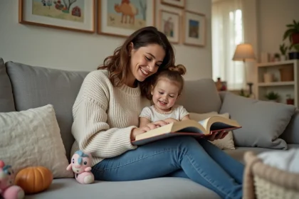 Femme avec enfant dans un salon familial chaleureux