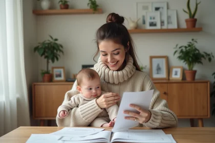 Femme avec bébé et documents à la maison chaleureuse