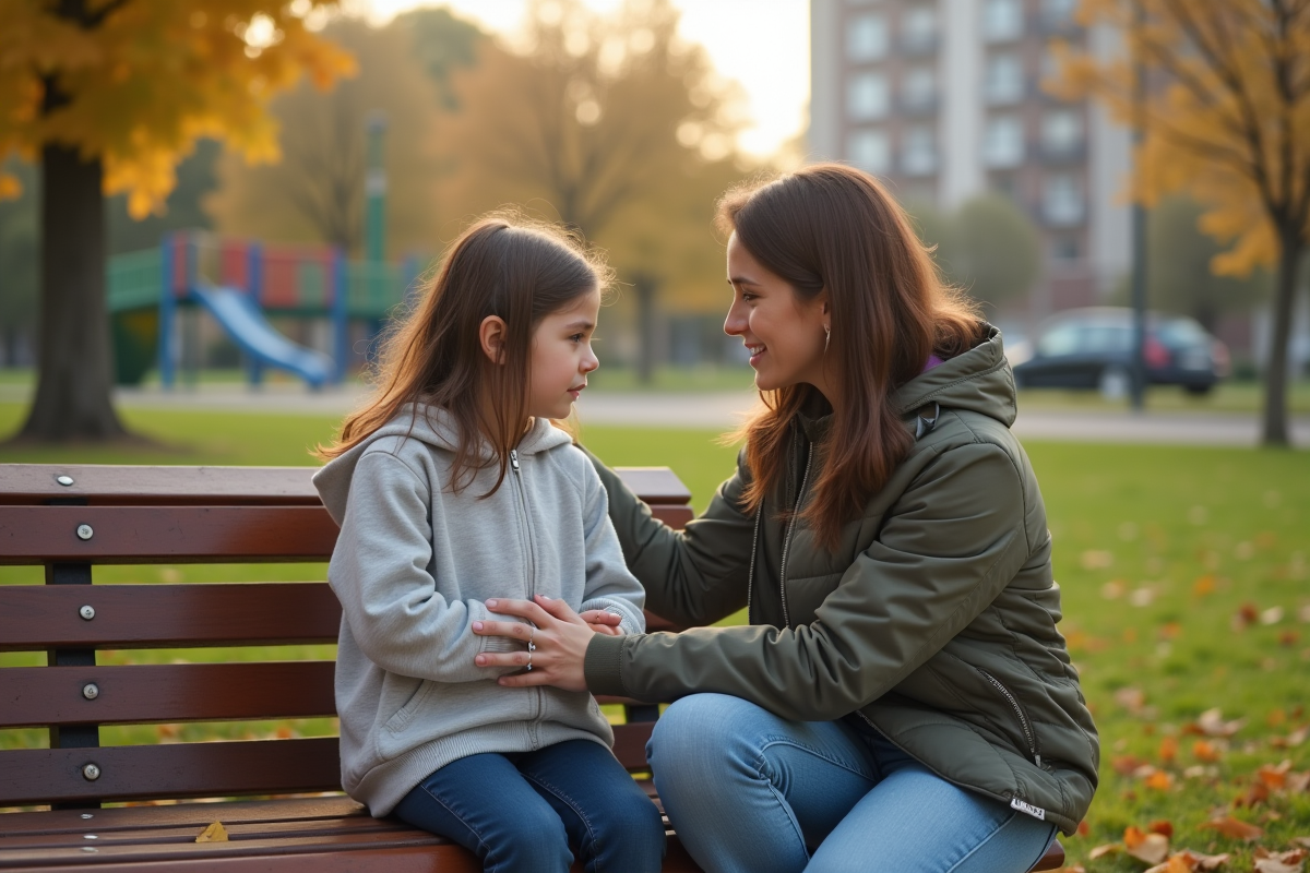 Mère consolant sa fille dans un parc urbain en automne