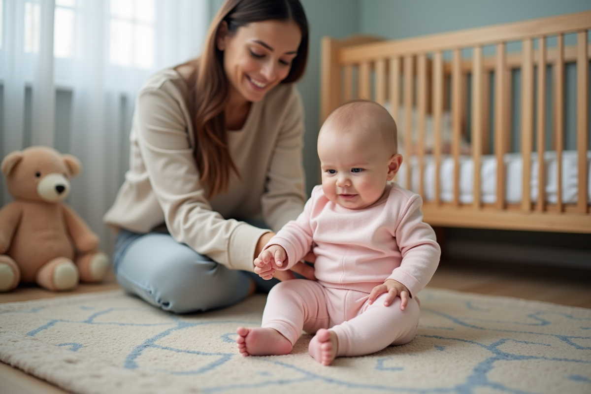 Maman encourageant sa fille de 10 mois dans la chambre