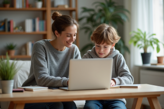 Maman et son fils à un bureau moderne dans un salon chaleureux