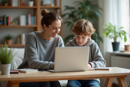 Maman et son fils à un bureau moderne dans un salon chaleureux