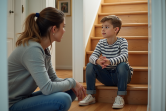 Maman parle calmement à son fils de 7 ans dans un couloir chaleureux