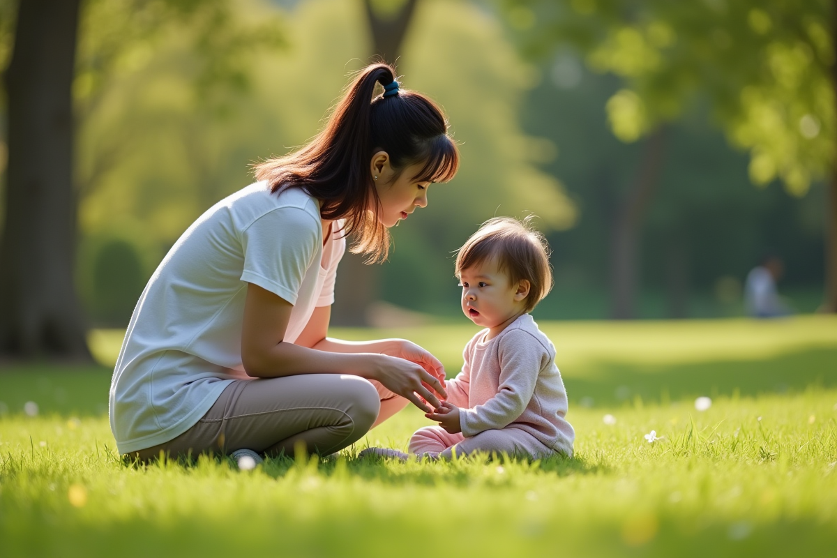Maman et enfant dans un parc vert en matinée calme