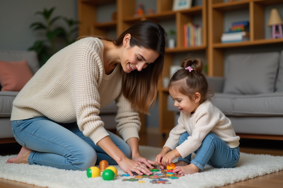 Maman et fille assemble un puzzle dans un salon chaleureux