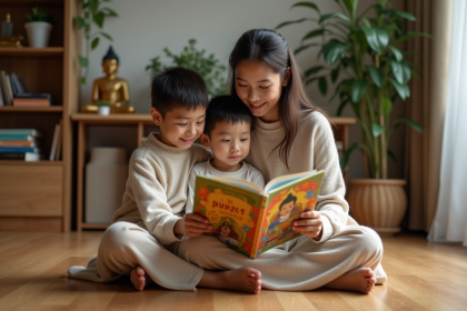 Mère et enfants lisant un livre bouddhiste dans le salon