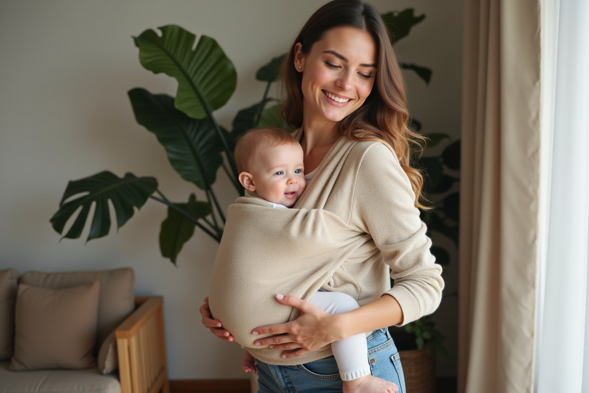 Jeune maman portant son bébé en écharpe ergonomique à la maison