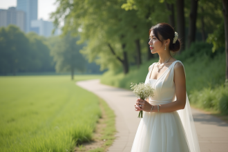 Jeune femme en robe de mariage dans un parc en après-midi