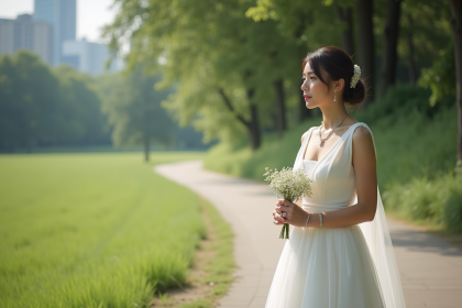 Jeune femme en robe de mariage dans un parc en après-midi
