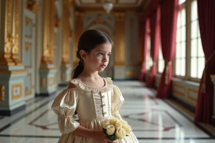Jeune fille en robe de cour viennoise du XIXe siècle dans un palais impérial aux dorures élaborées, évoquant l'enfance de Marie Valérie, fille de Sissi