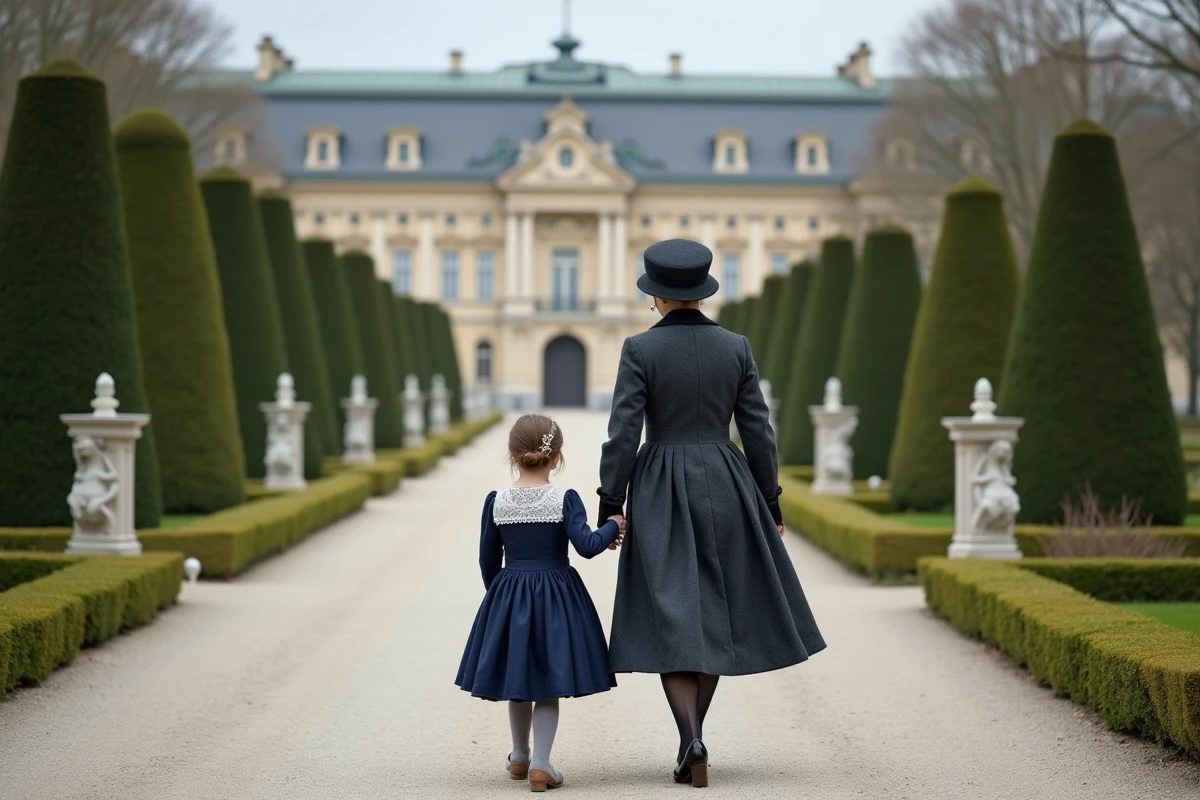 Jeune fille en robe victorienne se promenant avec sa gouvernante dans les jardins formels du palais de Schönbrunn à Vienne, évoquant l'enfance de Marie Valérie
