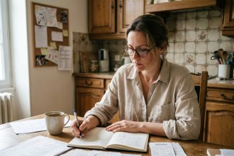 Mère de famille qui prépare le budget de la rentrée scolaire avec des listes de fournitures et des calculs écrits à la main sur une table de cuisine