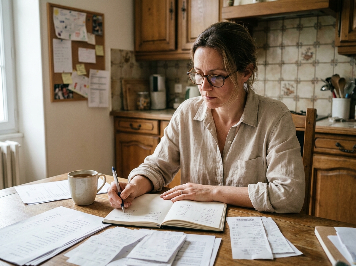 Mère de famille qui prépare le budget de la rentrée scolaire avec des listes de fournitures et des calculs écrits à la main sur une table de cuisine