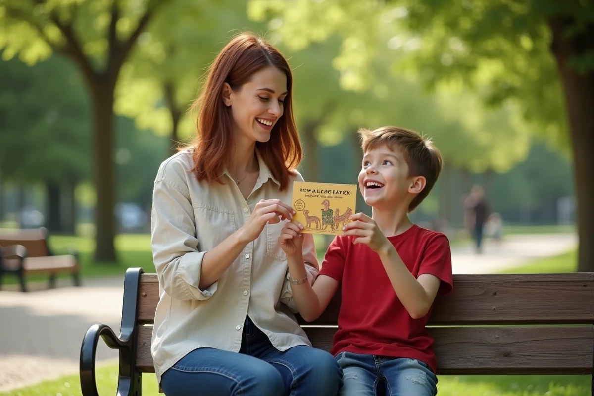Mère et fils jouant aux devinettes avec des cartes illustrées sur un banc dans un parc verdoyant