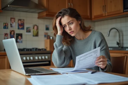 Mère de famille confuse devant des documents fiscaux et une facture de cantine scolaire sur sa table de cuisine