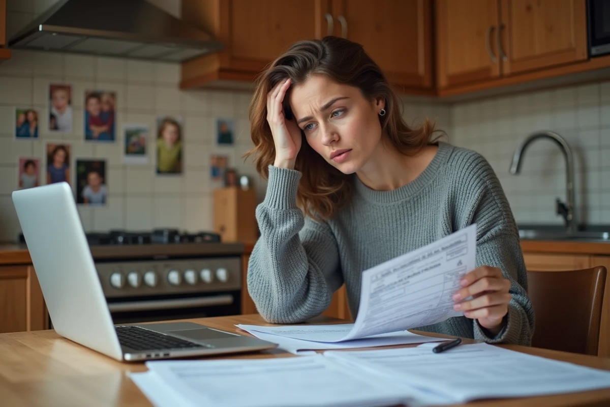 Mère de famille confuse devant des documents fiscaux et une facture de cantine scolaire sur sa table de cuisine