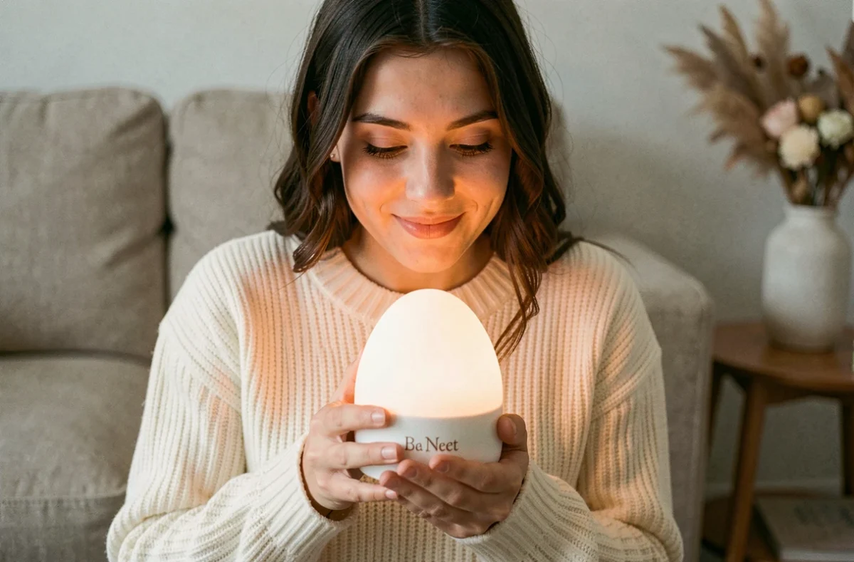 Jeune mère tenant une veilleuse bébé personnalisée avec un sourire ému, cadeau de naissance original et touchant