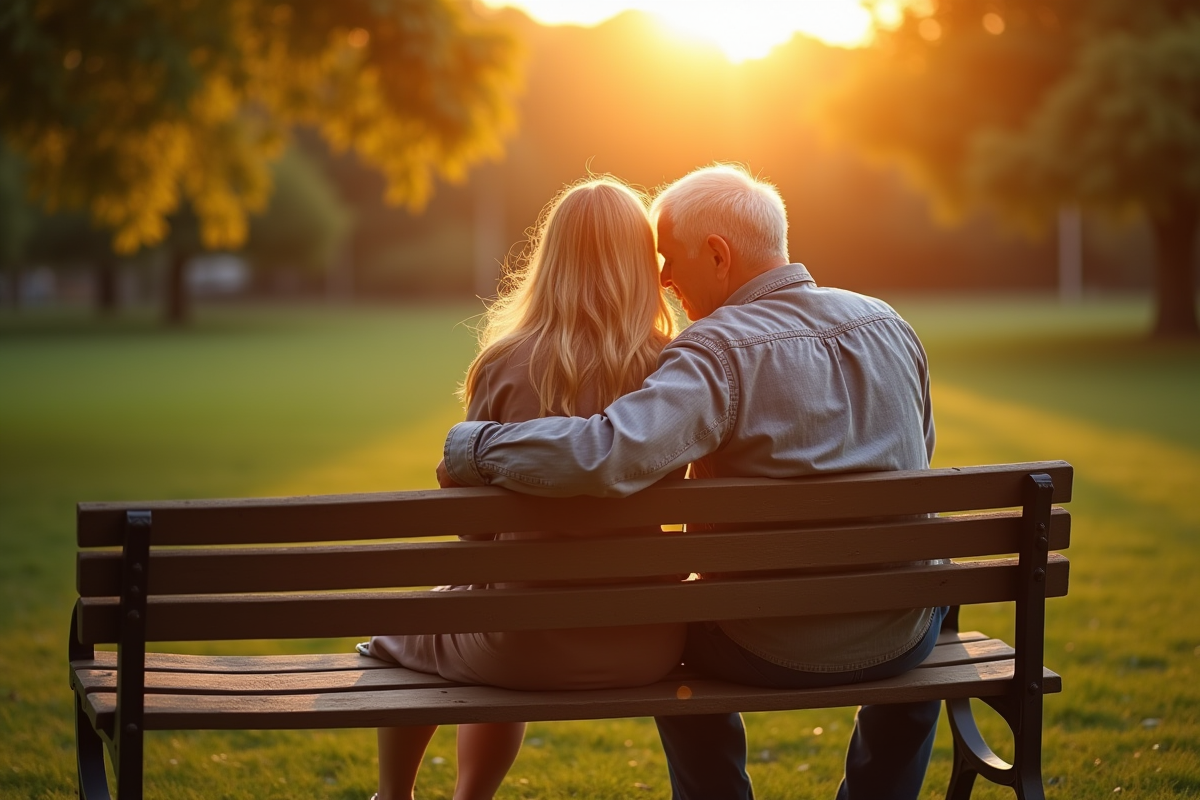 Femme réconfortant son père sur un banc dans un parc
