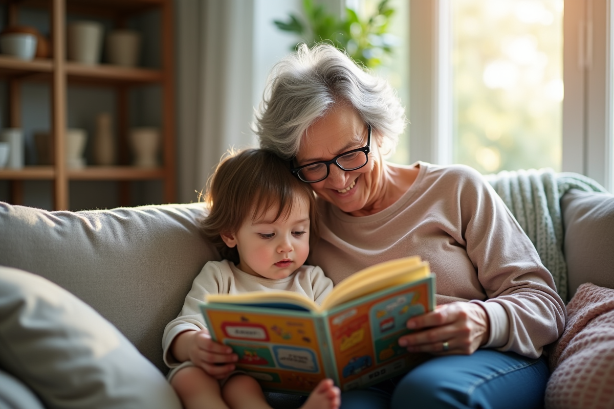 Grand-mère âgée lit avec un enfant dans un salon lumineux